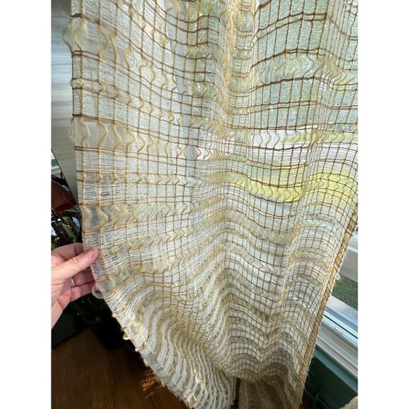 Vintage 70s net woven curtain, long cream & brown mesh, single pleated panel - Picture 3 of 6